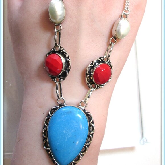 Turquoise natural gemstone coral pearl  ladies 925 silver Necklace - Picture 2 of 5